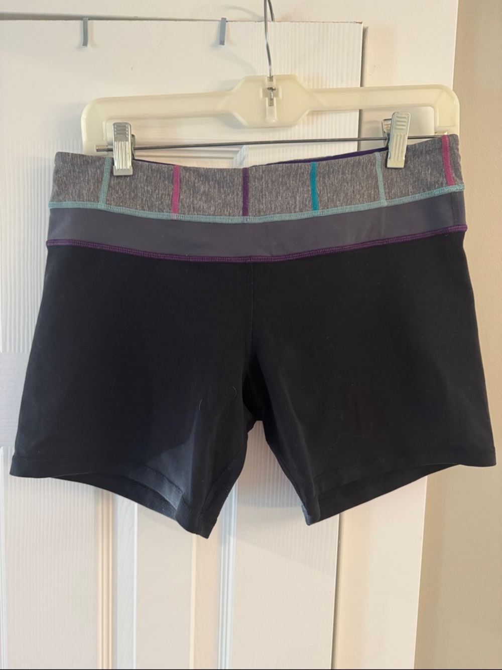 lululemon Heathered Gray, Teal & Purple Stripes Activewear Black Shorts